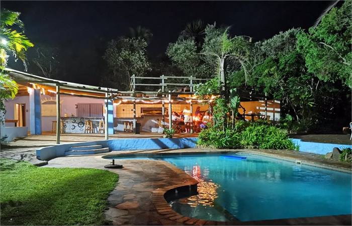 The swimming pool with loungers and forest behind
