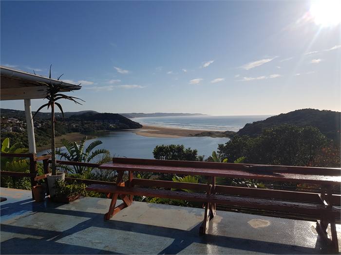 The lodge verandah looking out over the lagoon and bay