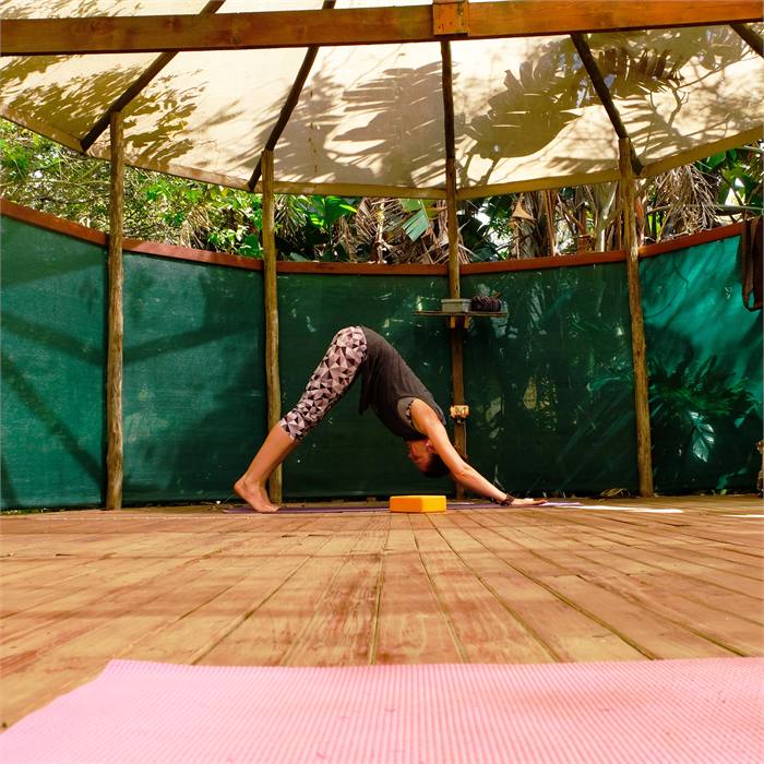 A yoga class in progress in the pagoda